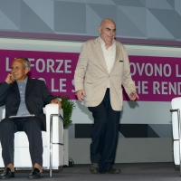 Foto Nicoloro G.   20/08/2018  Rimini   Seconda giornata dell' edizione 2018 del Meeting di C.L. che quest' anno ha per tema ' Le forze che muovono la storia sono le stesse che rendono l' uomo felice '. nella foto seduto Julian Carron, presidente di Comunione e Liberazione, e il filosofo Salvatore Natoli.