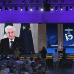 Foto Nicoloro G.   20/08/2021   Rimini    Prima giornata della 42° edizione del Meeting di Comunione e Liberazione che quest' anno ha per titolo ' Il coraggio di dire io '. nella foto il presidente Sergio Mattarella in diretta video interviene al Meeting.