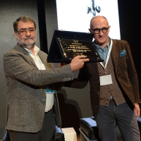 Foto Nicoloro G. 17/11/2017 Milano 9° edizione di 'Science for Peace ', Conferenza mondiale dal titolo ' Post-Verita''. nella foto il fotografo Joan Fontcuberta, vincitore del ' Art for Peace Award 2017 ' con Denis Curti, direttore del mensile ' Il Fotografo'.