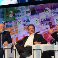 06/09/2018 Ravenna Festa Nazionale de l' Unita'. nella foto da sinistra Frans Timmermans, Antonio Di Bella e Marco Minniti.