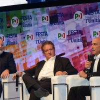 06/09/2018 Ravenna Festa Nazionale de l' Unita'. nella foto da sinistra Frans Timmermans, Antonio Di Bella e Marco Minniti.