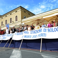 Foto Nicoloro G. 02/08/2016 Bologna, Trentaseiesimo anniversario della strage alla stazione di Bologna. nella foto Uno striscione sotto il palco.