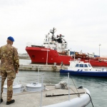 Foto Nicoloro G.   30/10/2023   Ravenna   Sbarcata a Marina di Ravenna la nave Ocean Viking con a bordo 47 migranti di cui 29 tratti in salvo al largo della Libia e 18 soccorsi durante la navigazione verso Ravenna. Tra tutti ci sono 11 minori non accompagnati di cui due saranno destinati a Matera  in una struttura del progetto FAMI. nella foto la nave Ocean Viking entra in porto.