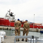 Foto Nicoloro G.   30/10/2023   Ravenna   Sbarcata a Marina di Ravenna la nave Ocean Viking con a bordo 47 migranti di cui 29 tratti in salvo al largo della Libia e 18 soccorsi durante la navigazione verso Ravenna. Tra tutti ci sono 11 minori non accompagnati di cui due saranno destinati a Matera  in una struttura del progetto FAMI. nella foto la nave Ocean Viking entra in porto.