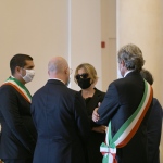 07/08/2020  Rimini   Allestita la camera ardente per Sergio Zavoli all\' interno del teatro Galli. nella foto la vedova Alessandra Chello parla con Stefano Bonaccini, Andrea Gnassi e Michele de Pascale.