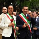 Foto Nicoloro G.   08/09/2024   Ravenna   Celebrazioni per il 703° annuale della morte di Dante Alighieri. nella foto da sinistra la neo sindaca di Firenze Sara Funaro, il sindaco uscente di Ravenna Michele de Pascale, l\' assessore Fabio Sbaraglia, il giornalista Aldo Cazzullo che ha tenuto una lectio magistralis e l\' ex sindaco di Firenze Dario Nardella.