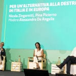 Foto Nicoloro G.   02/09/2023   Ravenna   Festa Nazionale dell' Unita'.  nella foto da sinistra il giornalista Alessandro De Angelis, Pina Picierno e Nicola Zingaretti.