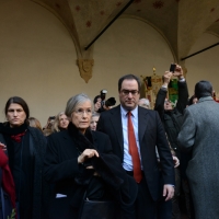 Foto Nicoloro G. 23/02/2016 Milano Cerimonia funebre laica in onore del semiologo e scrittore Umberto Eco. nella foto la moglie del professore Renate Ramge con il figlio Stefano.