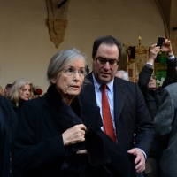 Foto Nicoloro G. 23/02/2016 Milano Cerimonia funebre laica in onore del semiologo e scrittore Umberto Eco. nella foto la moglie del professore Renate Ramge con il figlio Stefano.