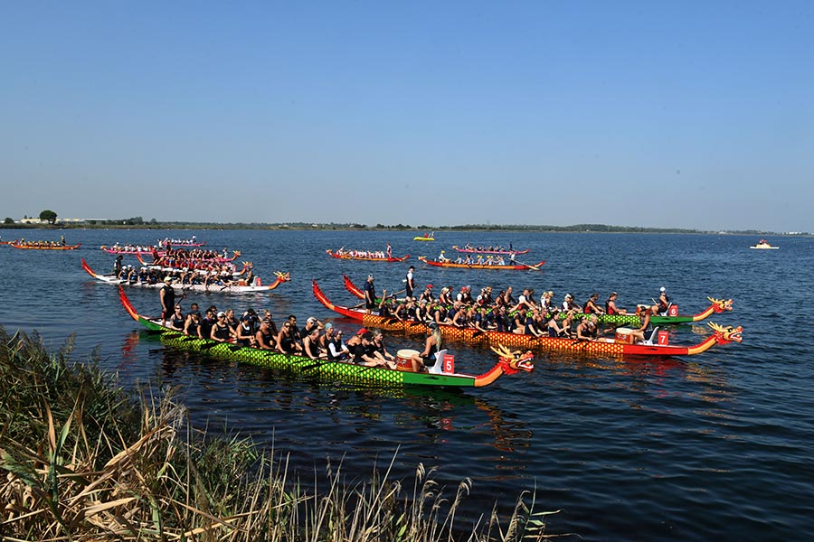 Foto Nicoloro G.   03/09/2024   Ravenna   14esima edizione del Campionato mondiale di Dragon Boat. E' una competizione di origini cinersi che vede la partecipazione di 172 squadre provenienti da 32 nazioni con oltre settemila atleti per quasi 500 gare. il programma prevede gare di 200 mt., 500 mt. e 2 km. su imbarcazioni di lunghezza variabile da 8 a oltre 18 metri. nella foto imbarcazioni in attesa di gareggiare.