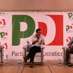 Foto Nicoloro G.   30/08/2024   Ravenna   Serata inaugurale della Festa dell\' Unita\'che apre la serie dei dibattiti con un intervista al sindaco uscente Michele de Pascale candidato per il PD al governo dell\' Emilia-Romagna. nella foto da sinistra Valerio Baroncini, vicedirettore del Resto del Carlino,  il sindaco Michele de Pascale e Gianluca Rossi direttore del orriere Romagna.