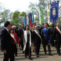 Foto Nicoloro G.   25/04/2014  Marzabotto ( Bologna )   Si celebra nella cittadina medaglia d' oro al Valore Militare la Festa della LIberazione con la partecipazione del presidente della Camera. nella foto il presidente della Camera Laura Boldrini si reca a rendere onore al monumento alle vittime della strage.