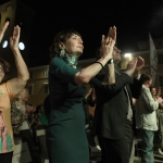 Foto Nicoloro G.   02/07/2023   Bagnacavallo ( RA )   La Milanesiana nel suo giro in Romagna fa tappa a Bagnacavallo. nella foto Elisabetta Sgarbi ed Eugenio Lio seguono con coinvolgimento l' esibizione degli Extraliscio e della della Bandabardo'.