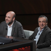 Foto Nicoloro G. 09/04/2011 Milano Trasmissione televisiva su Rai3 " Che tempo che fa " condotta da Fabio Fazio. nella foto Paolo Virzì – Silvio Orlando