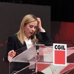 Foto Nicoloro G.   17/03/2023   Rimini   Terza giornata del XIX Congresso Nazionale CGIL dal titolo ' Il lavoro crea il futuro '.   nella foto il presidente Giorgia Meloni durante il suo intervento.