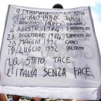 Foto Nicoloro G.  02/08/2014  Bologna    34esimo anniversario della strage alla stazione di Bologna. nella foto un cartello.