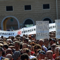 Foto Nicoloro G.  02/08/2015   Bologna   Trentacinquesimo anniversario della strage alla stazione di Bologna. nella foto alcuni cartelli tra la folla.